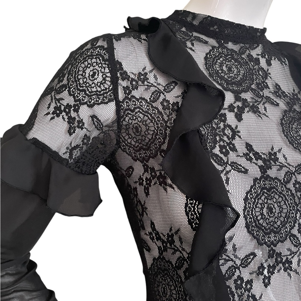 Ups and Downs Elegant Black Lace Ruffle Bodysuit (M)